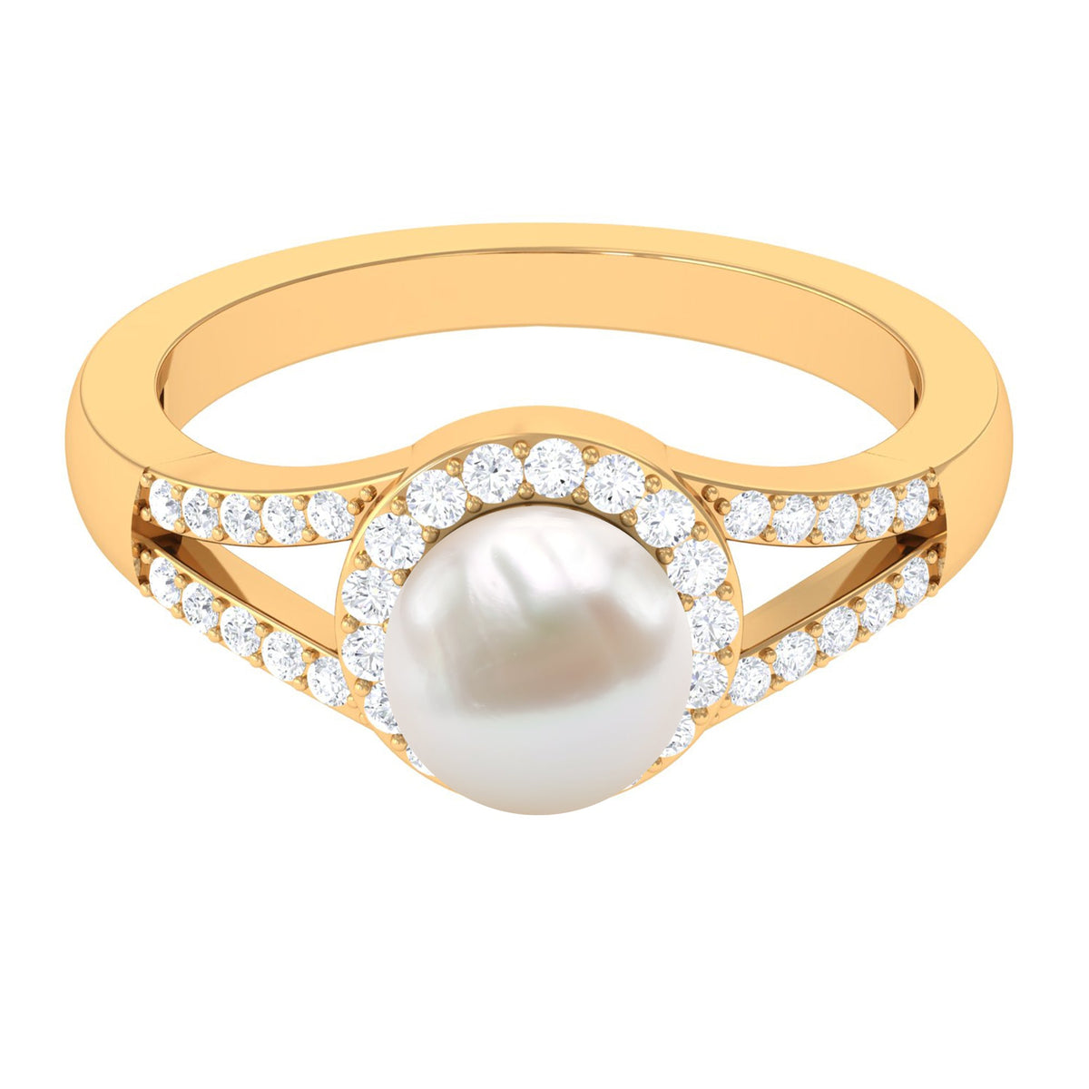 Rosec Jewels freshwater pearl engagement ring with split shank design and diamond halo, showcasing elegant jewelry craftsmanship.