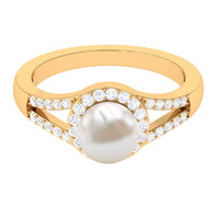 Rosec Jewels freshwater pearl engagement ring with split shank design and diamond halo, showcasing elegant jewelry craftsmanship.