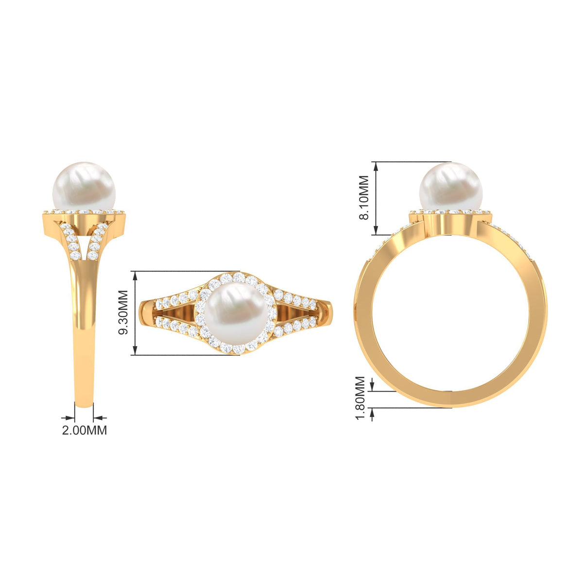 Rosec Jewels freshwater pearl engagement ring with split shank and diamond halo, featuring a central pearl and sparkling accents.