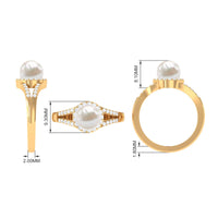 Rosec Jewels freshwater pearl engagement ring with split shank and diamond halo, featuring a central pearl and sparkling accents.