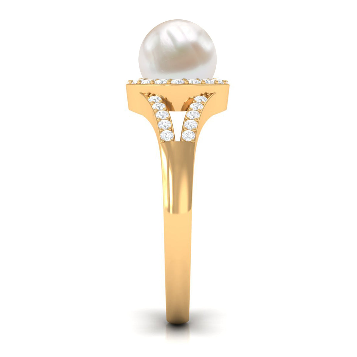 Rosec Jewels freshwater pearl engagement ring with split shank design and diamond halo, featuring elegant craftsmanship and sparkling accents.