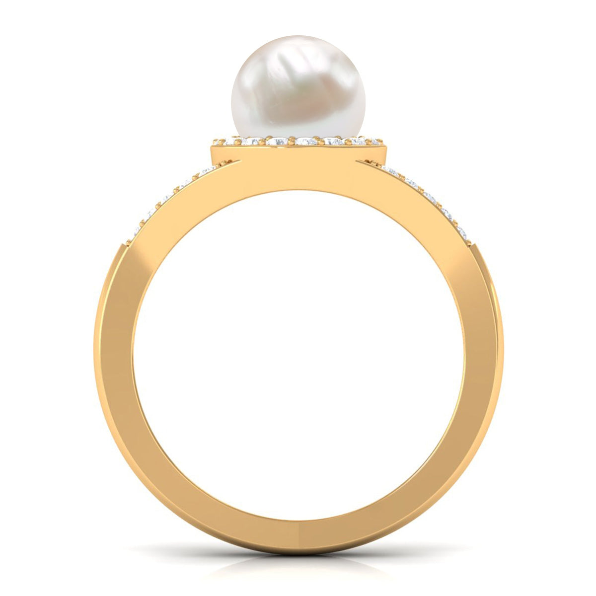 Rosec Jewels freshwater pearl engagement ring with split shank and diamond halo, featuring elegant craftsmanship and sparkling accents.