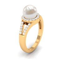 Rosec Jewels split shank freshwater pearl engagement ring with diamond halo, showcasing the elegant ring design and sparkling accents.