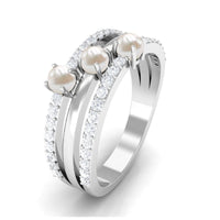 Cultured Freshwater Pearl Wedding Band Ring with Diamond