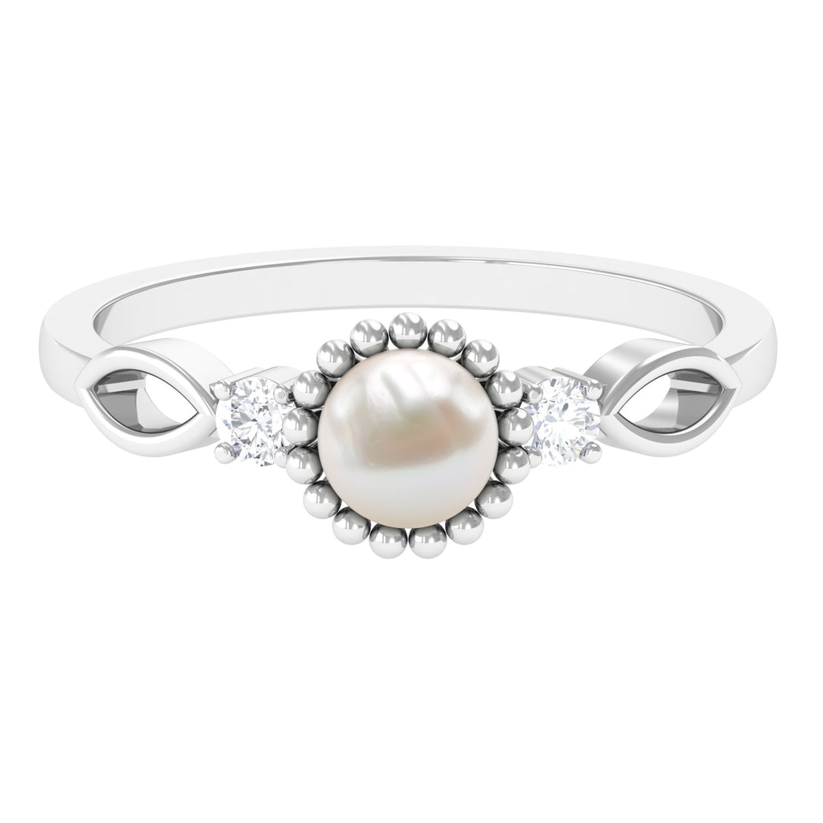 Natural 2 Carat freshwater pearl engagement ring with diamond from Rosec Jewels, showcasing a elegant pearl centerpiece and sparkling accents.