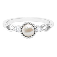 Natural 2 Carat freshwater pearl engagement ring with diamond from Rosec Jewels, showcasing a elegant pearl centerpiece and sparkling accents.