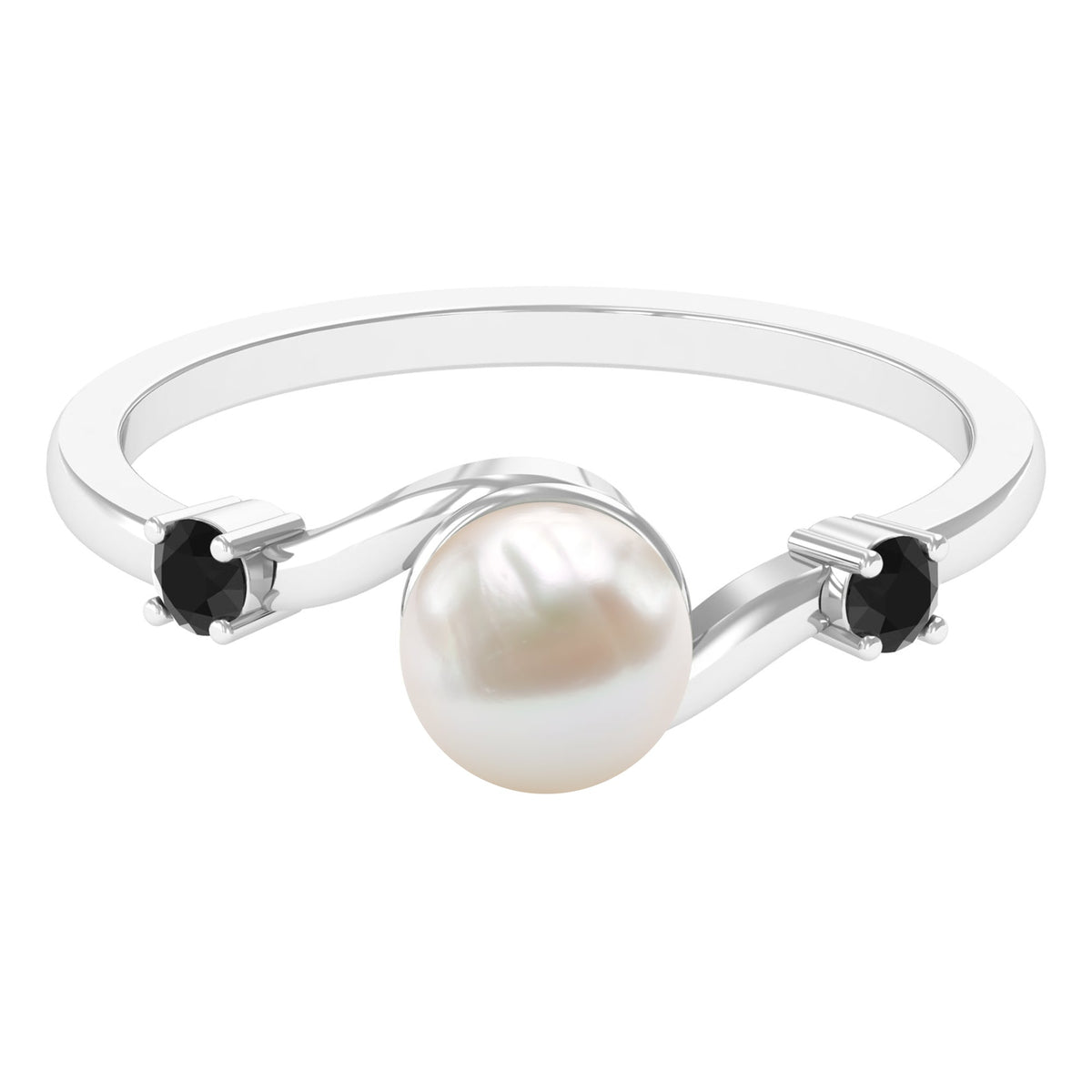 Two-carat freshwater pearl bypass engagement ring with black diamond accents from Rosec Jewels, showcasing elegant design and craftsmanship.