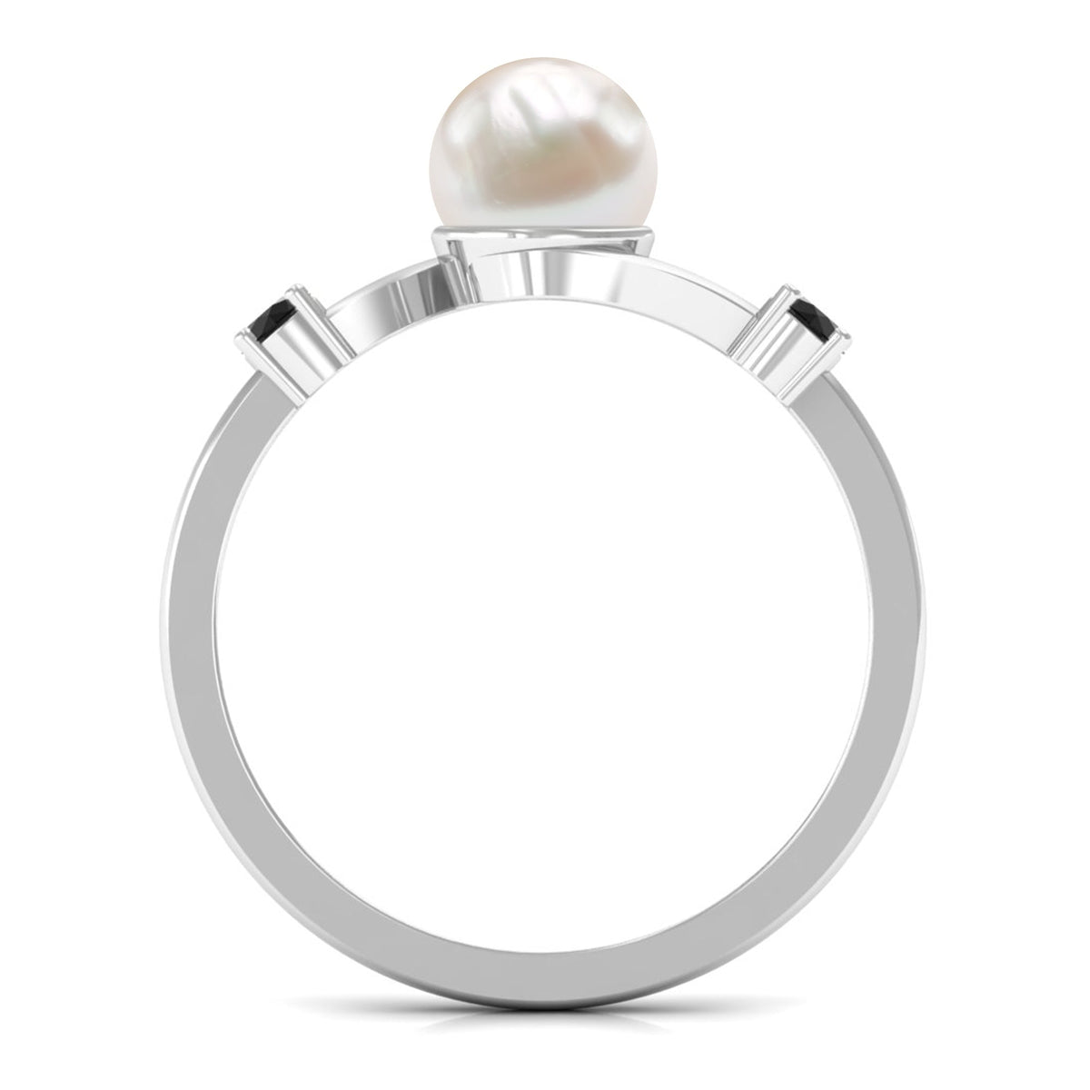 Rosec Jewels 2 Carat freshwater pearl bypass engagement ring with black diamond accent, featuring elegant gold band design.