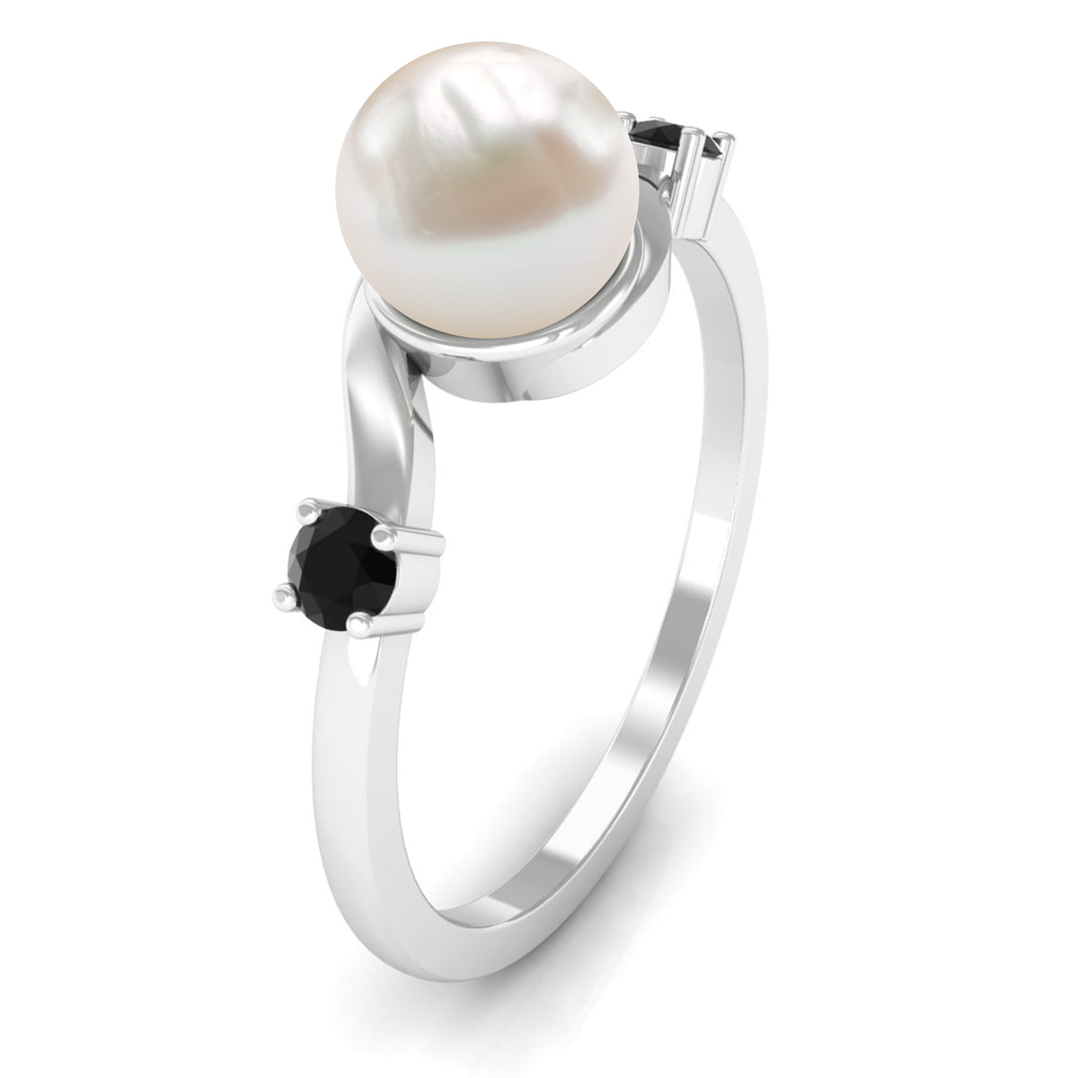 Rosec Jewels 2 Carat freshwater pearl bypass engagement ring with black diamond, showcasing elegant pearl and contrasting black diamond accents.