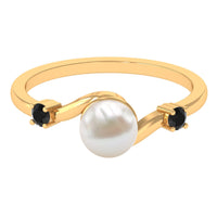 Rosec Jewels 2 Carat freshwater pearl bypass engagement ring with black diamond accents, showcasing elegant design and sparkling gemstones.