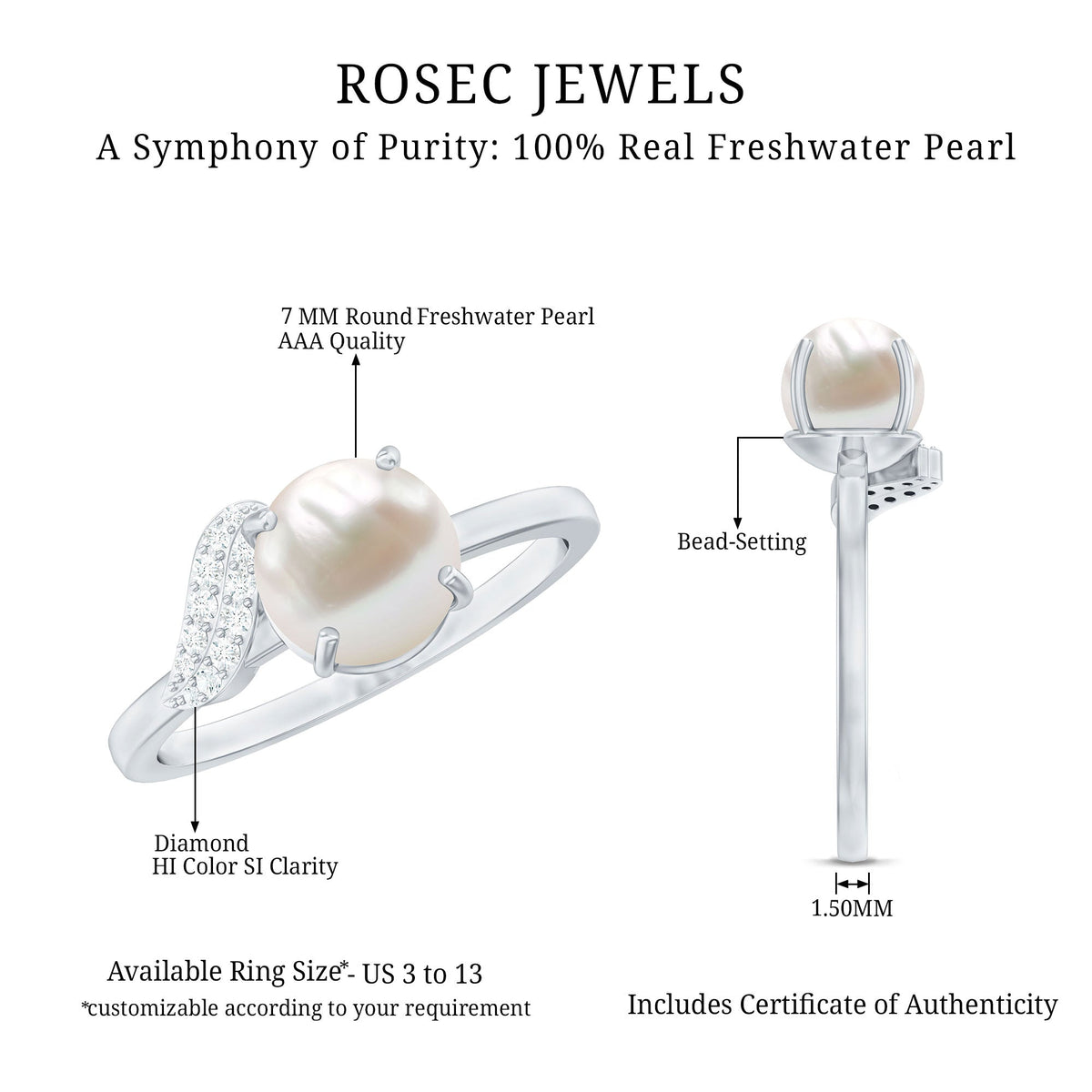 Rosec Jewels cultured 3-carat freshwater pearl solitaire engagement ring with diamond accent on a sleek ring band