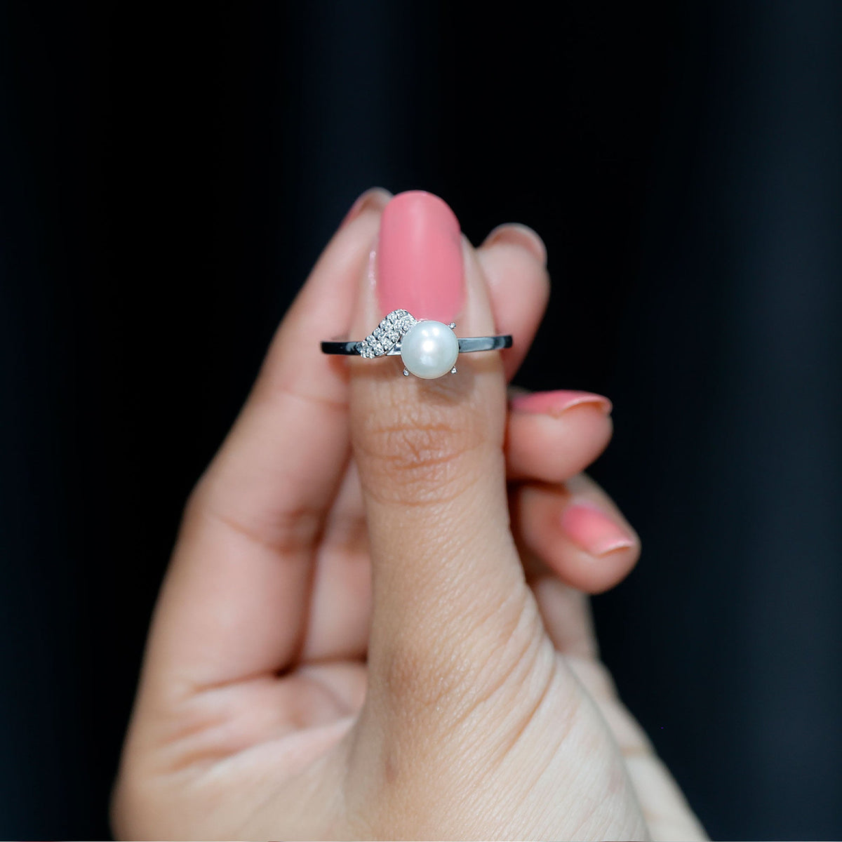 Cultured 3 Carat freshwater pearl solitaire engagement ring with diamond accents, crafted by Rosec Jewels, elegant and timeless design.