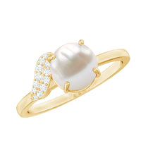 Cultured 3-carat freshwater pearl solitaire engagement ring with diamond accents from Rosec Jewels, featuring a sleek silver band.