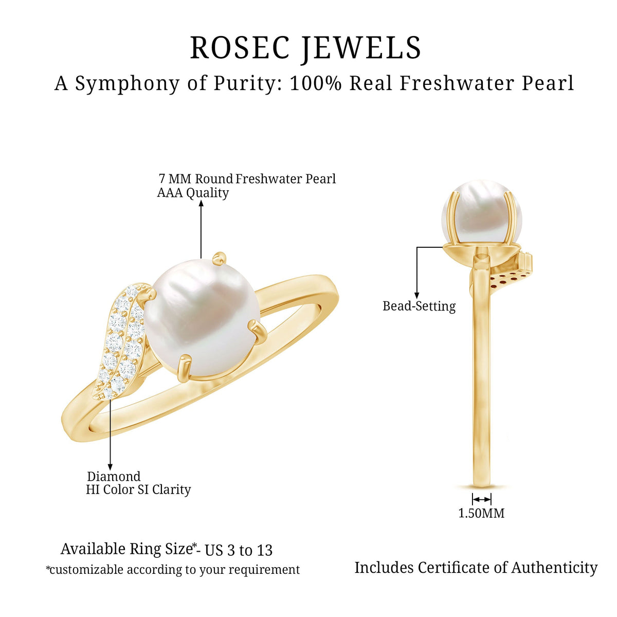 Cultured 3 Carat freshwater pearl solitaire engagement ring with diamond accent from Rosec Jewels, showcasing the elegant ring design.