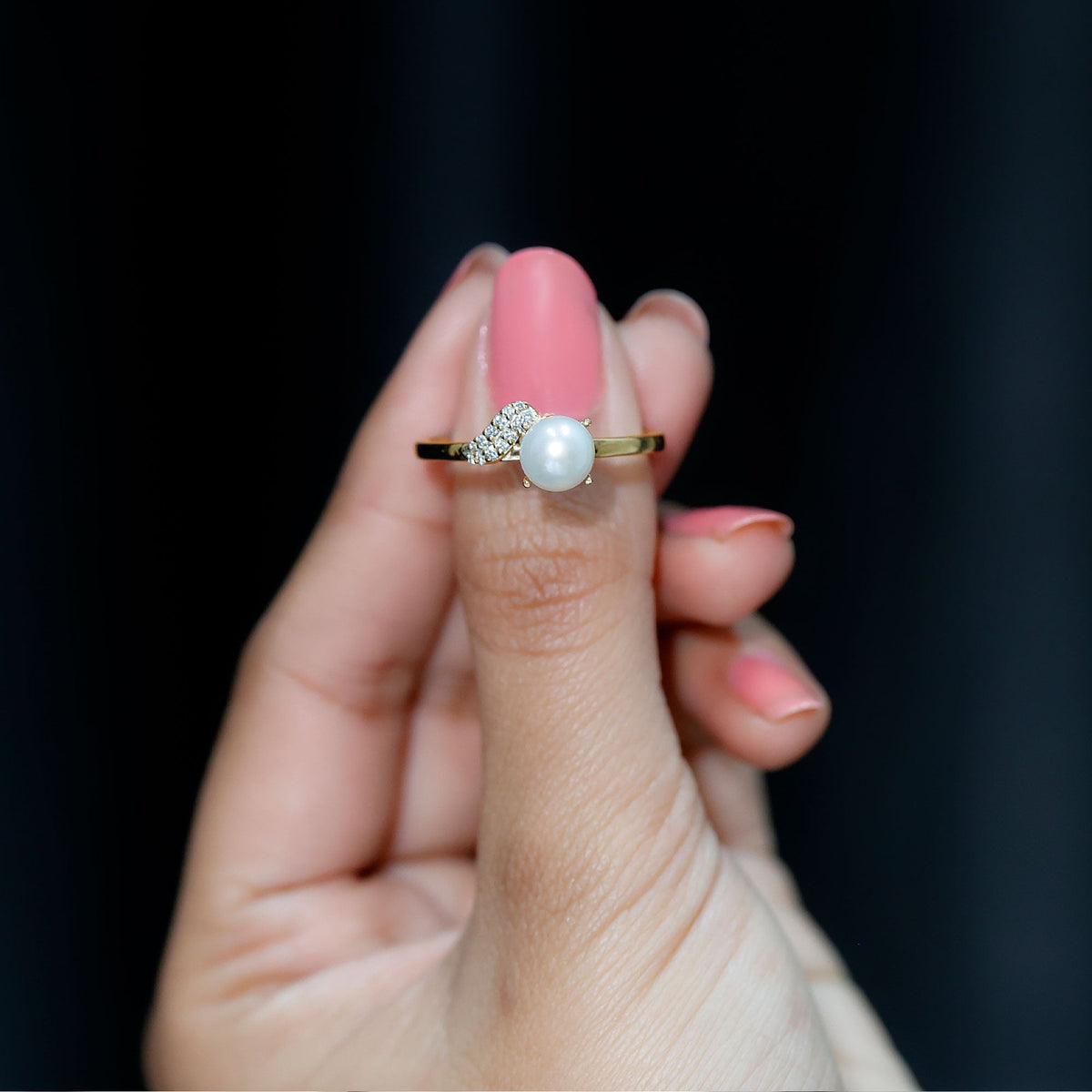 Cultured 3 Carat freshwater pearl solitaire engagement ring with diamond accents from Rosec Jewels, featuring a sleek silver band.