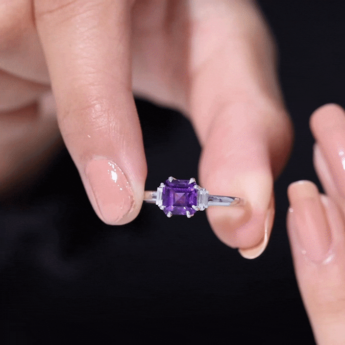 Natural 1.3 Carat Amethyst Asscher Cut Engagement Ring with Diamond, showcasing the purple amethyst and sparkling accents.