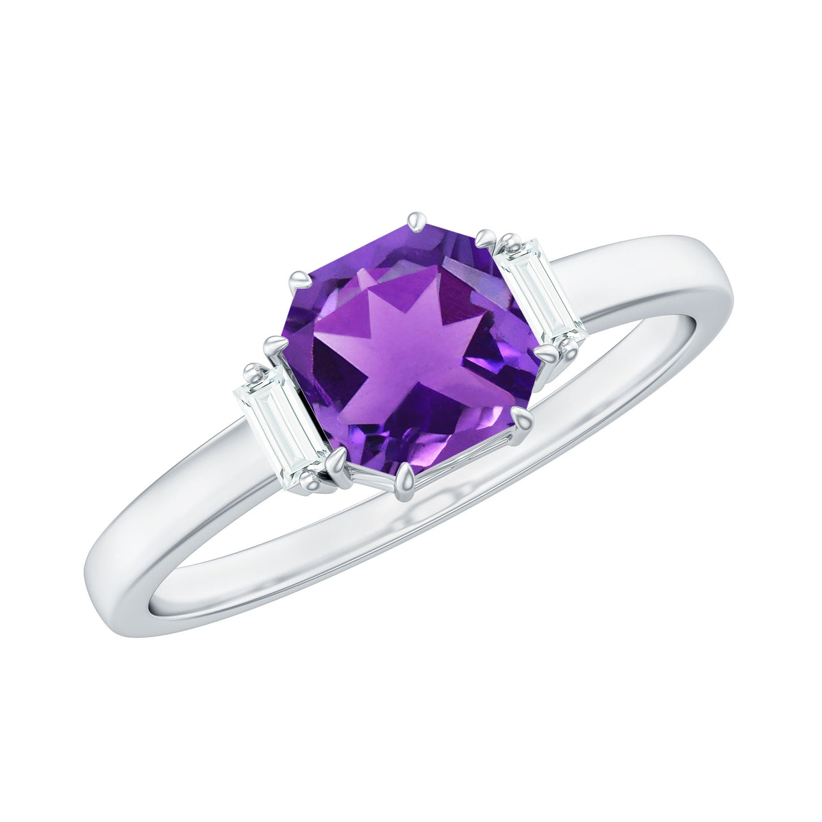 Natural 1.3 carat amethyst Asscher cut engagement ring with diamond accents by Rosec Jewels, showcasing a stunning purple gemstone.