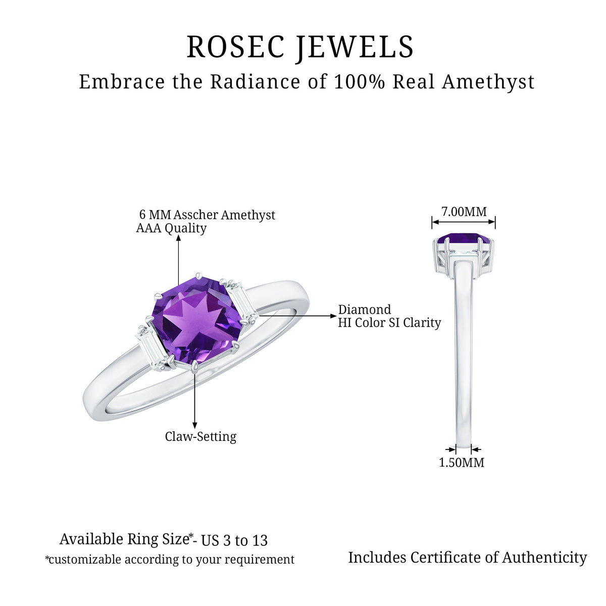 Natural 1.3 Carat Amethyst Asscher Cut Engagement Ring with Diamond setting, showcasing the elegant ring design and gemstone details.