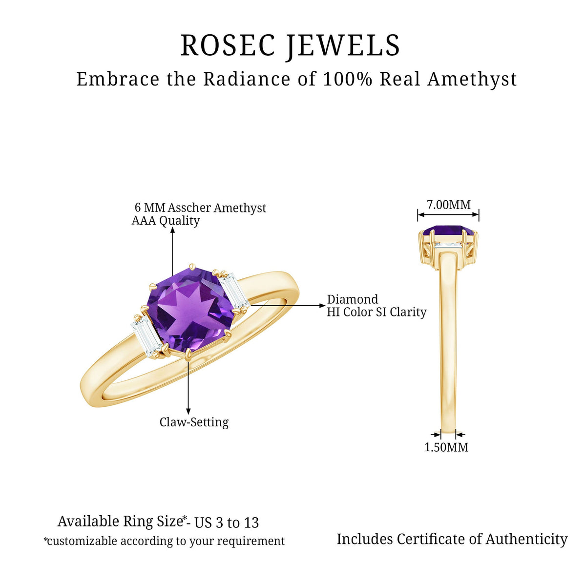 Natural 1.3 carat amethyst Asscher cut engagement ring with diamond accents by Rosec Jewels, featuring a detailed close-up view.