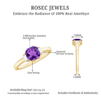 Natural 1.3 carat amethyst Asscher cut engagement ring with diamond accents by Rosec Jewels, featuring a detailed close-up view.