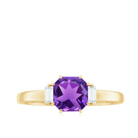 Asscher cut 1.3 carat amethyst engagement ring with diamond accents, crafted by Rosec Jewels, showcasing a elegant gemstone setting.