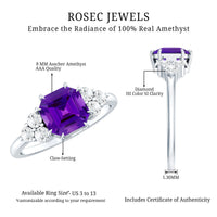 3 Carat Amethyst Asscher Cut Engagement Ring with Diamond Trio