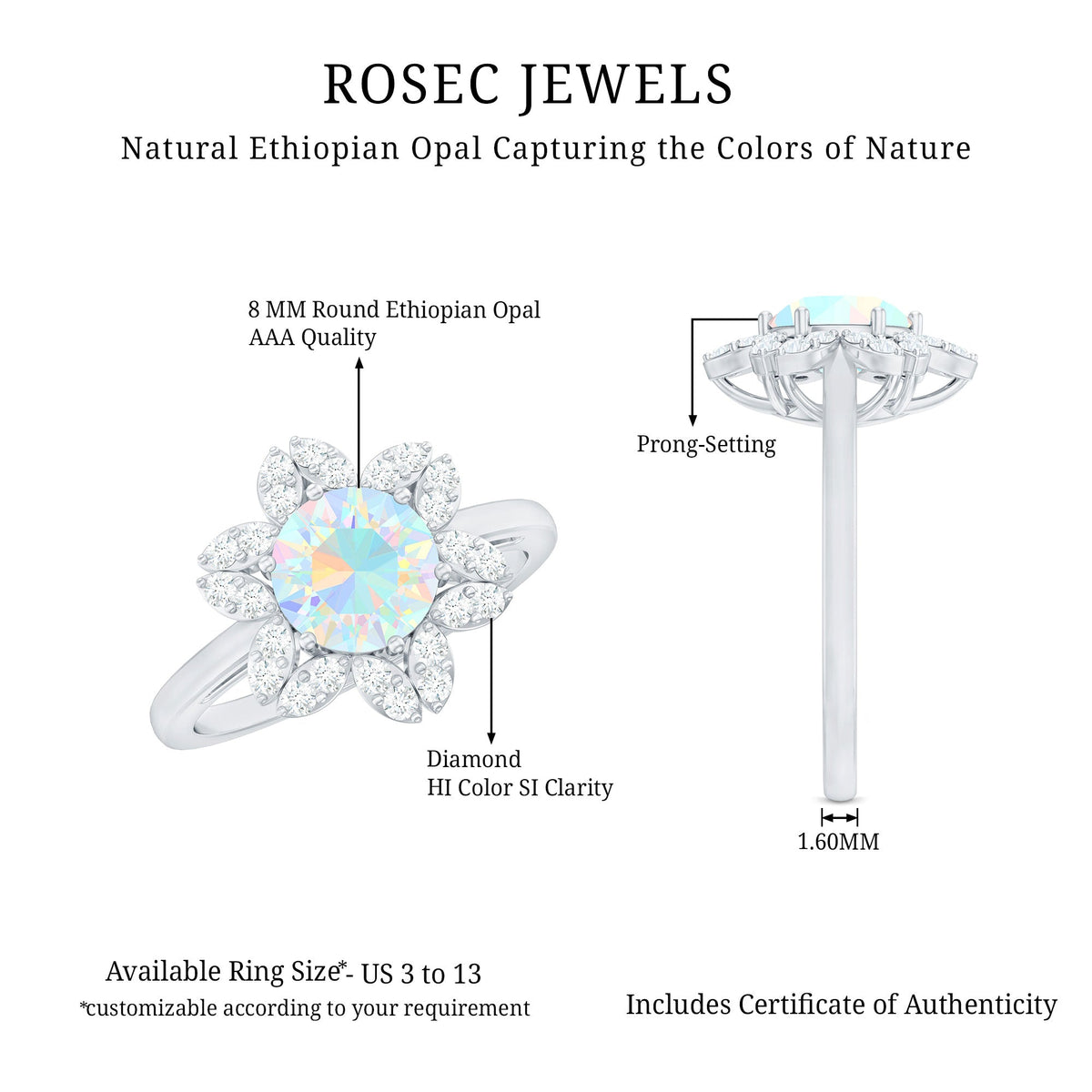 8mm Round Shape Ethiopian Opal Floral Engagement Ring with Diamond