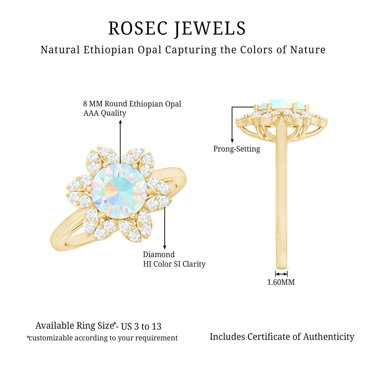 8mm Round Shape Ethiopian Opal Floral Engagement Ring with Diamond