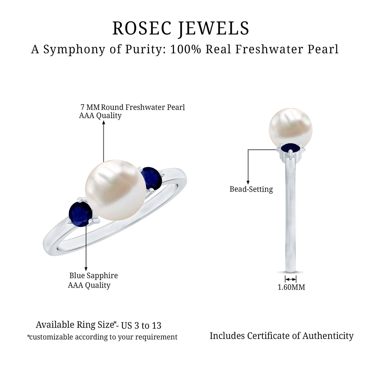 Cultured freshwater pearl engagement ring with blue sapphire accent, featuring a elegant rose gold band from Rosec Jewels.