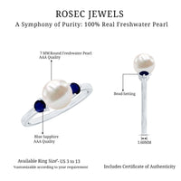 Cultured freshwater pearl engagement ring with blue sapphire accent, featuring a elegant rose gold band from Rosec Jewels.