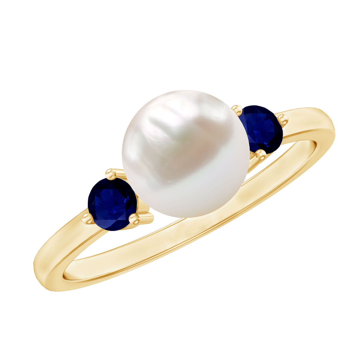 Cultured freshwater pearl engagement ring with blue sapphire and silver band from Rosec Jewels, showcasing a sparkling central gemstone.
