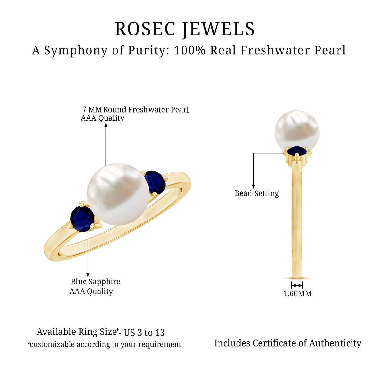Cultured freshwater pearl engagement ring with blue sapphire accent, featuring a Rosec Jewels design and elegant ring band.