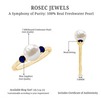 Cultured freshwater pearl engagement ring with blue sapphire accent, featuring a Rosec Jewels design and elegant ring band.