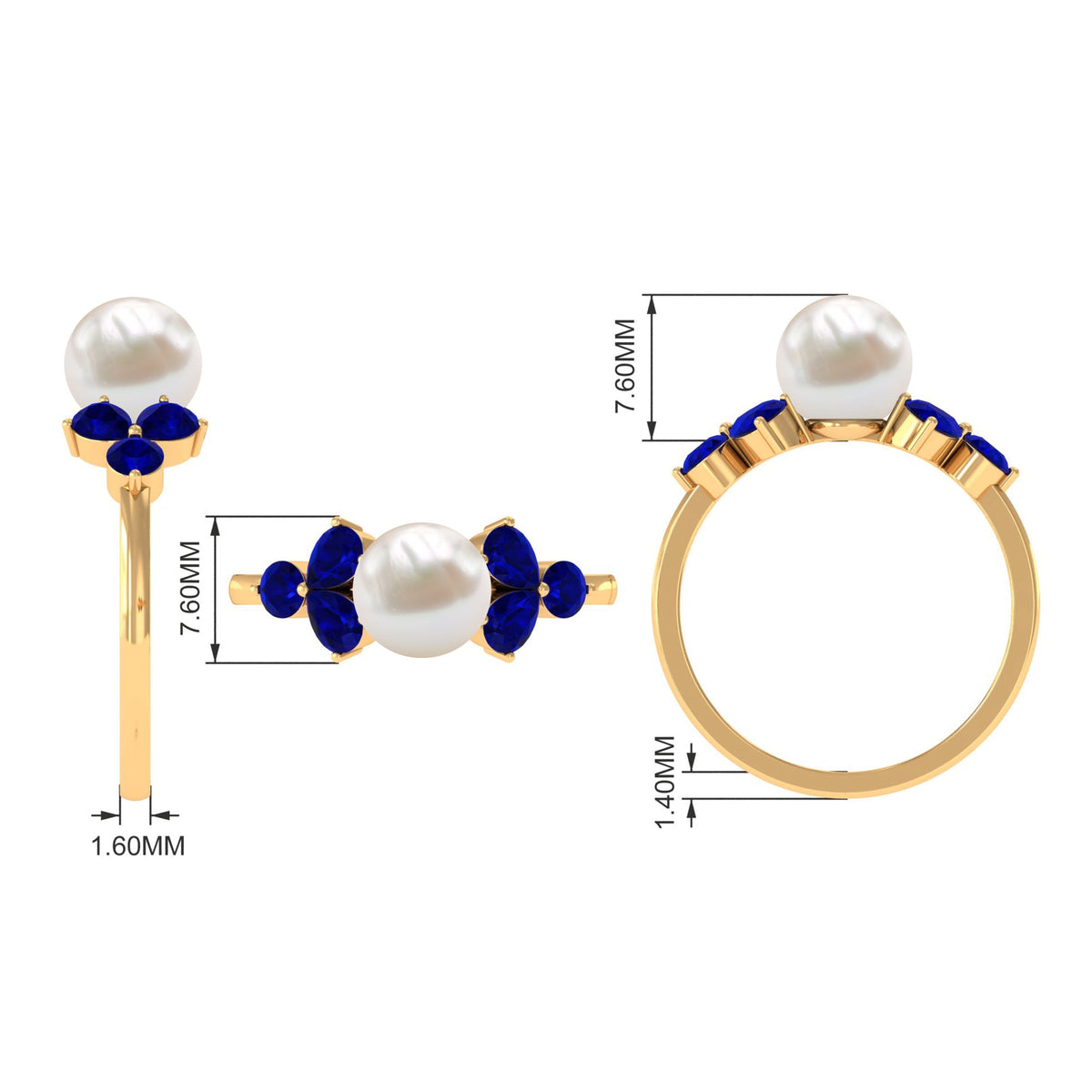 Natural 7.4 carat freshwater pearl engagement ring with blue sapphire trio from Rosec Jewels, showcasing a delicate and elegant design.