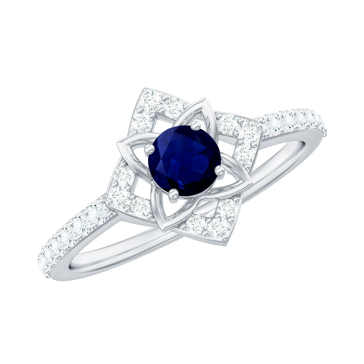 Real blue sapphire and diamond flower engagement ring for women by Rosec Jewels, showcasing intricate floral design and sparkling stones.