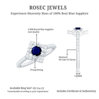 Blue sapphire and diamond flower engagement ring for women by Rosec Jewels, featuring intricate design and sparkling gemstones.