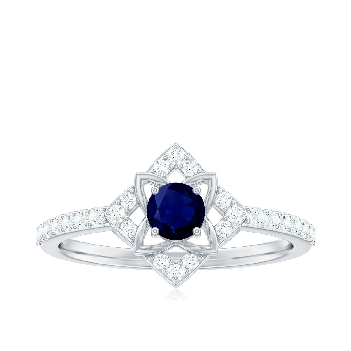 Real blue sapphire and diamond flower engagement ring for women, featuring a detailed ring design with sparkling gemstones.