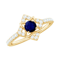 Real blue sapphire and diamond flower engagement ring for women by Rosec Jewels, featuring intricate design and sparkling gemstones.