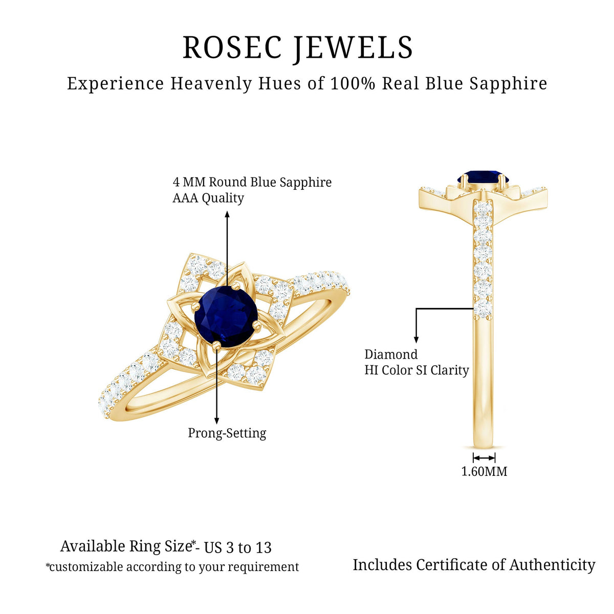 Real blue sapphire and diamond flower engagement ring for women by Rosec Jewels, featuring intricate design and sparkling gemstones.