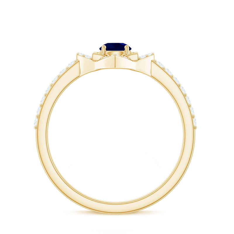 Real blue sapphire and diamond flower engagement ring for women by Rosec Jewels, featuring intricate floral design and sparkling gemstones.