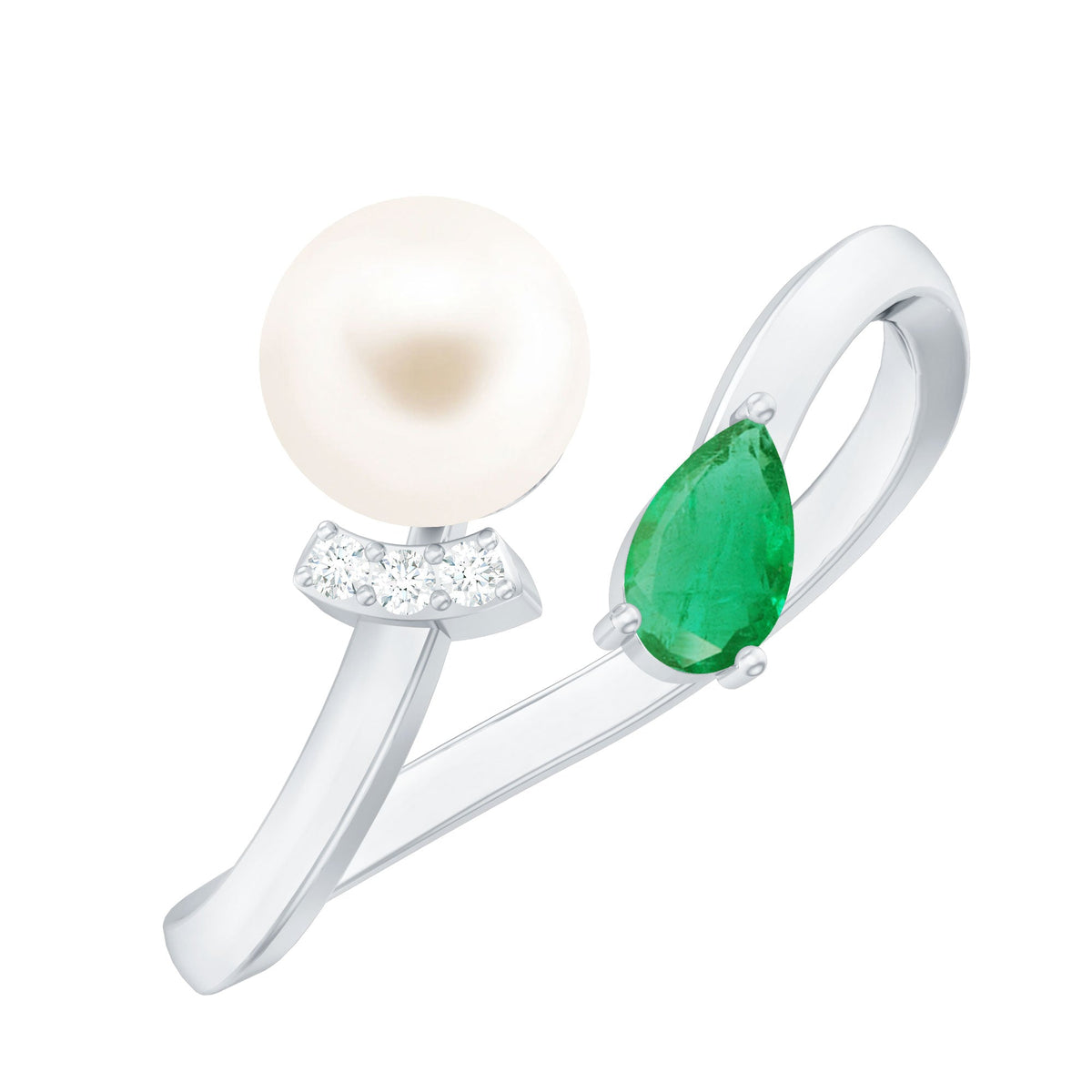 Cultured freshwater pearl and emerald Toi Et Moi promise ring by Rosec Jewels, featuring two stones set in a delicate silver band.