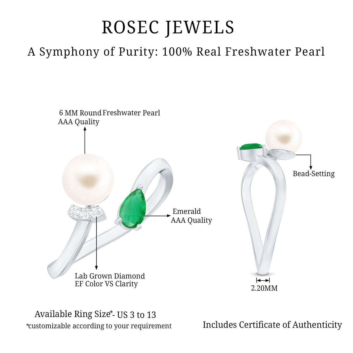 Cultured freshwater pearl and emerald toi et moi promise ring by Rosec Jewels, featuring elegant pearls and vibrant green emeralds.