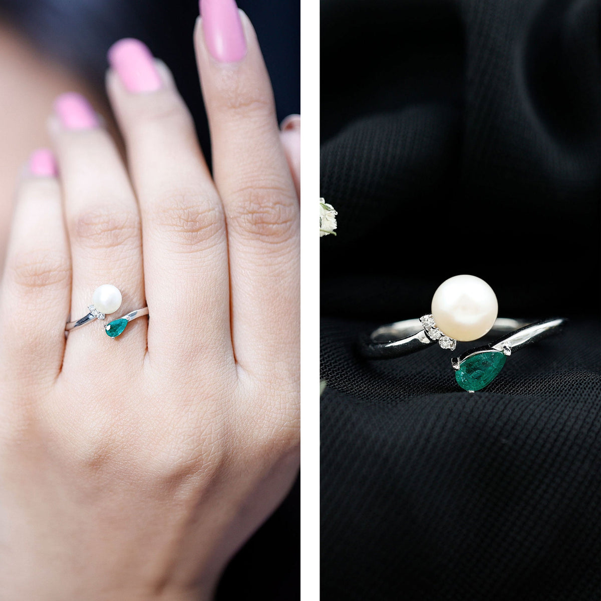 Cultured freshwater pearl and emerald toi et moi promise ring by Rosec Jewels, featuring elegant pearl and green gemstone accents.