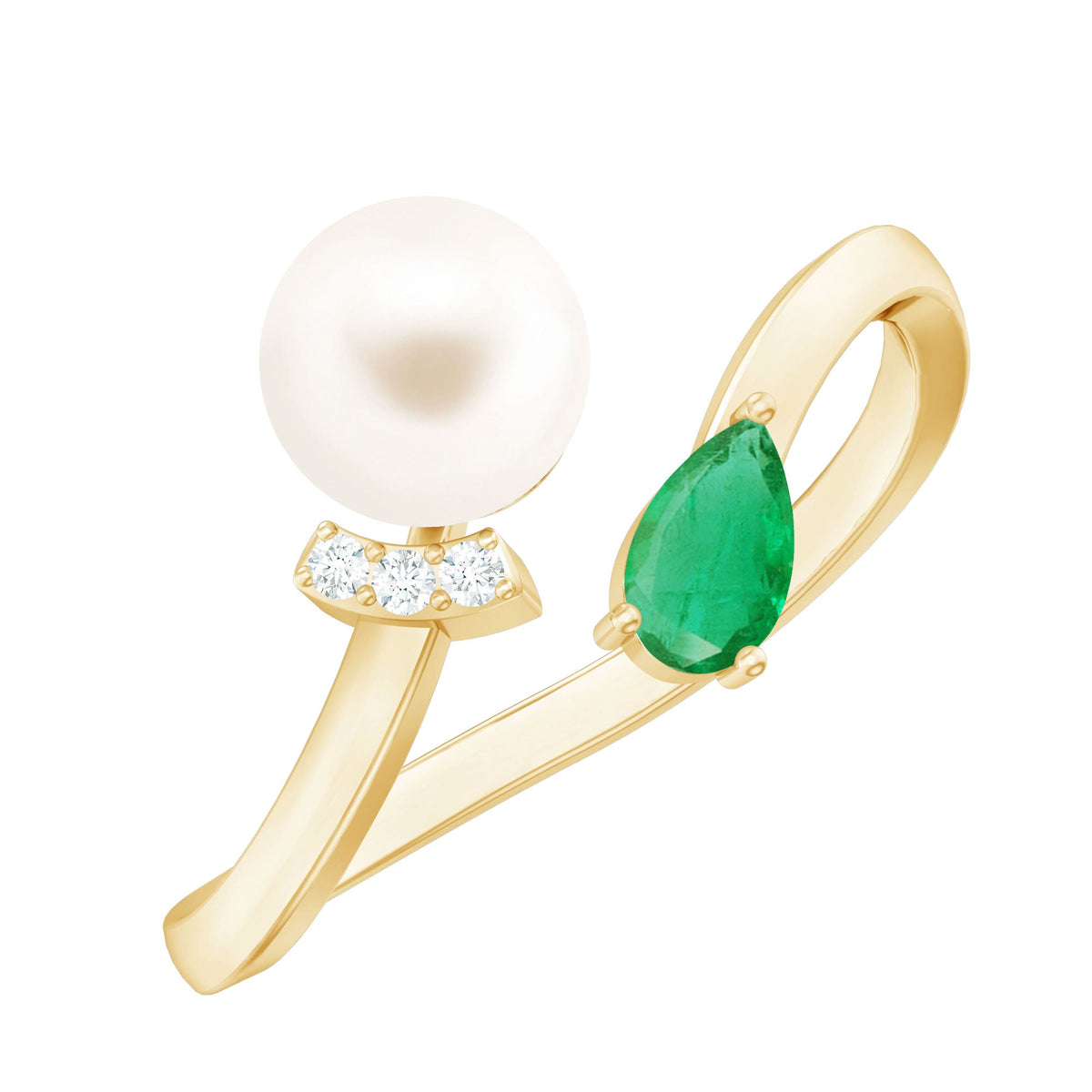 Cultured freshwater pearl and emerald Toi Et Moi promise ring by Rosec Jewels, featuring a pearl and emerald set in a delicate ring design.