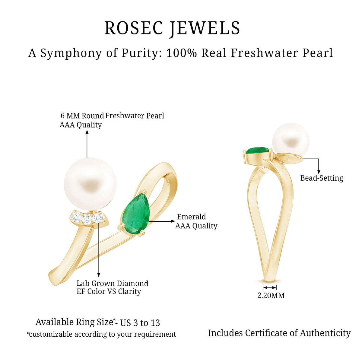 Cultured freshwater pearl and emerald toi et moi promise ring by Rosec Jewels, featuring elegant pearl and emerald accents.