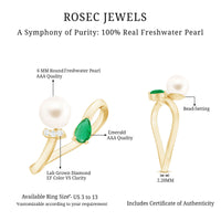 Cultured freshwater pearl and emerald toi et moi promise ring by Rosec Jewels, featuring elegant pearl and emerald accents.