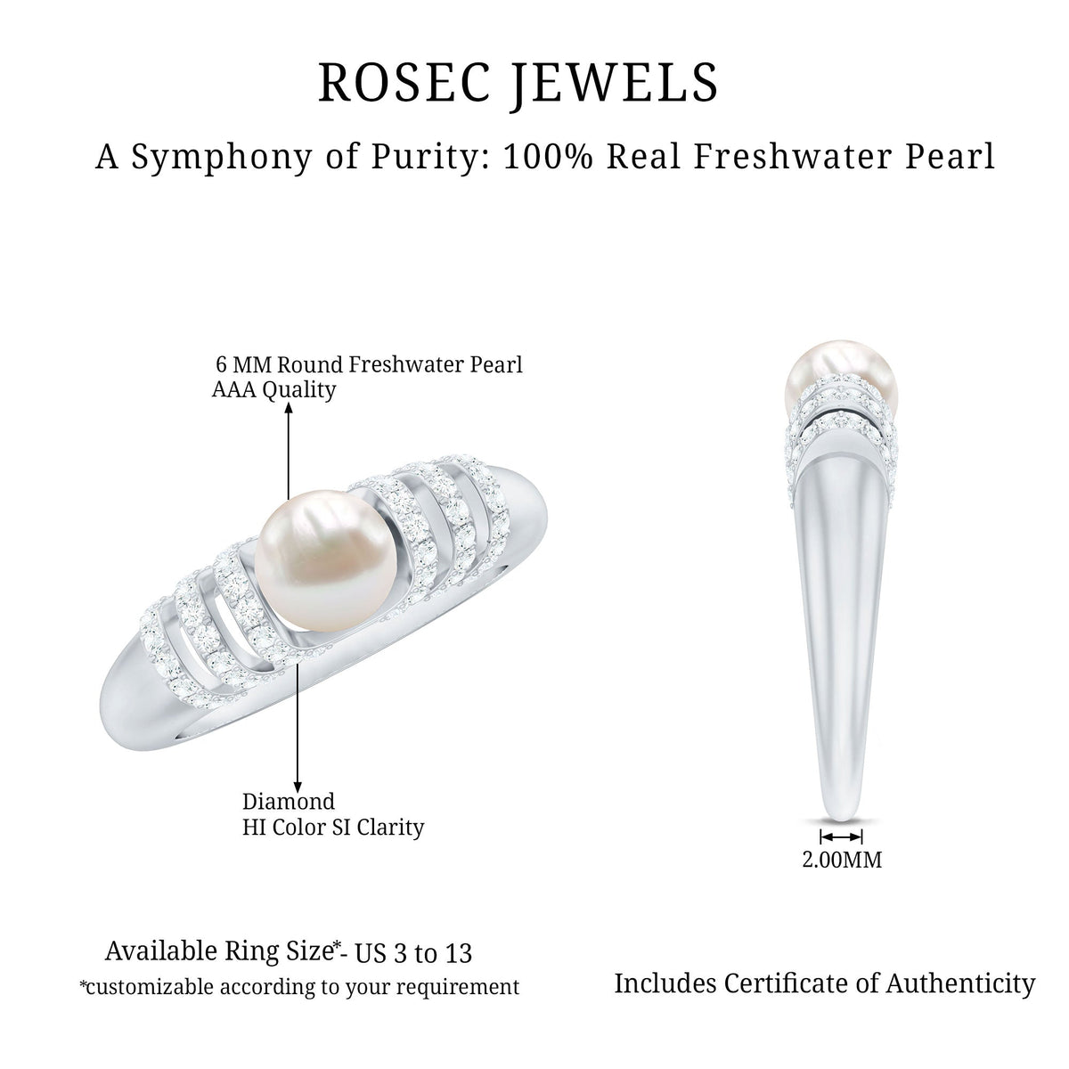 Elegant women's engagement ring with 2 carat freshwater pearl and diamond accents by Rosec Jewels.
