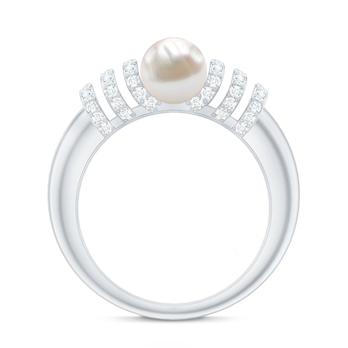Elegant 2 carat freshwater pearl and diamond engagement ring for women by Rosec Jewels, showcasing a sparkling band with a central pearl.