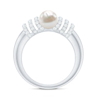 Elegant 2 carat freshwater pearl and diamond engagement ring for women by Rosec Jewels, showcasing a sparkling band with a central pearl.