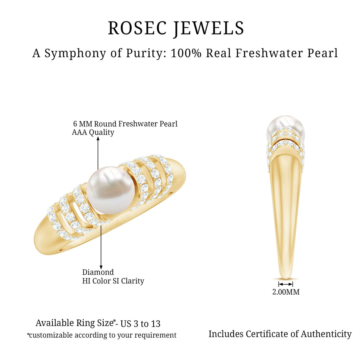 Elegant 2 carat freshwater pearl diamond engagement ring for women with intricate band design by Rosec Jewels.
